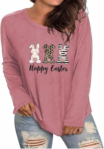 GeLivable Plus Size Happy Easter Funny Cute Bunny Rabbit Graphics Print Shirt Women Long Sleeve Tops in Saudi Arabia