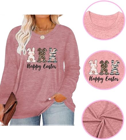 GeLivable Plus Size Happy Easter Funny Cute Bunny Rabbit Graphics Print Shirt Women Long Sleeve Tops in Saudi Arabia