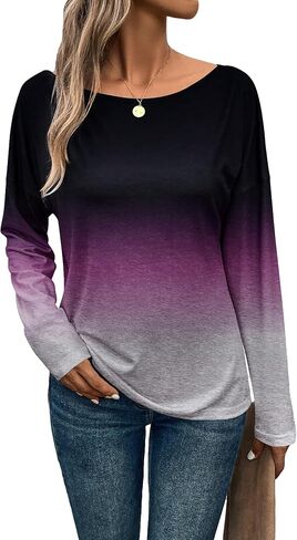 SOLY HUX Women's Ombre Tee Scoop Neck Long Sleeve Drop Shoulder T Shirts Tops in Saudi Arabia