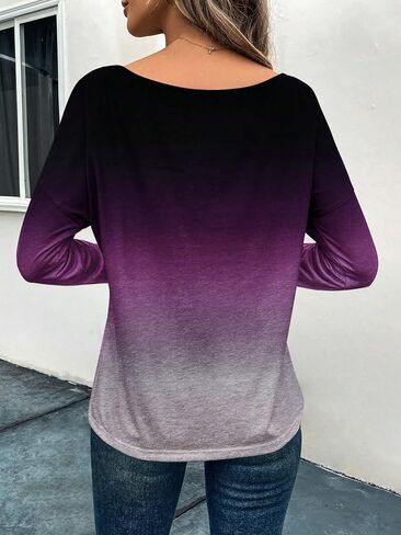 SOLY HUX Women's Ombre Tee Scoop Neck Long Sleeve Drop Shoulder T Shirts Tops in Saudi Arabia
