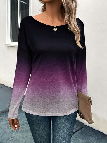 SOLY HUX Women's Ombre Tee Scoop Neck Long Sleeve Drop Shoulder T Shirts Tops in Saudi Arabia