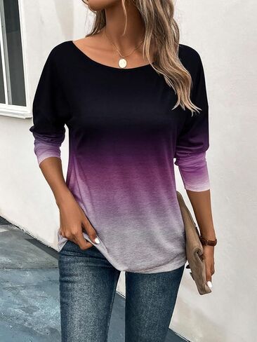 SOLY HUX Women's Ombre Tee Scoop Neck Long Sleeve Drop Shoulder T Shirts Tops in Saudi Arabia