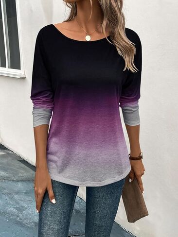 SOLY HUX Women's Ombre Tee Scoop Neck Long Sleeve Drop Shoulder T Shirts Tops in Saudi Arabia