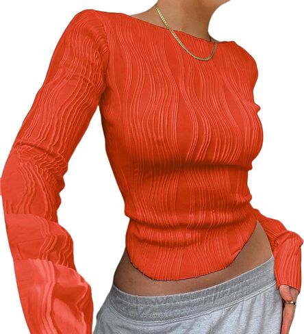 Remidoo Women's Textured Long Sleeve Crewneck Crop Top Slim Fit T Shirt in Saudi Arabia