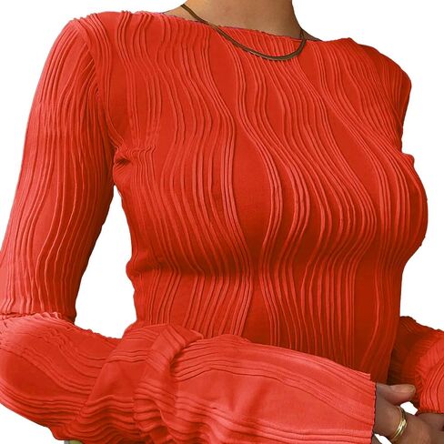 Remidoo Women's Textured Long Sleeve Crewneck Crop Top Slim Fit T Shirt in Saudi Arabia