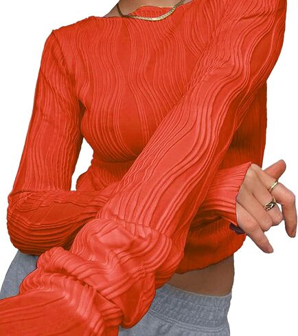 Remidoo Women's Textured Long Sleeve Crewneck Crop Top Slim Fit T Shirt in Saudi Arabia