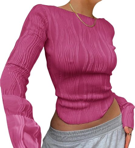Remidoo Women's Textured Long Sleeve Crewneck Crop Top Slim Fit T Shirt in Saudi Arabia
