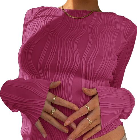 Remidoo Women's Textured Long Sleeve Crewneck Crop Top Slim Fit T Shirt in Saudi Arabia