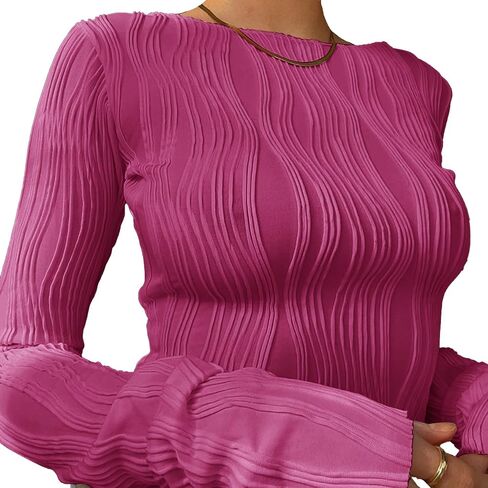 Remidoo Women's Textured Long Sleeve Crewneck Crop Top Slim Fit T Shirt in Saudi Arabia