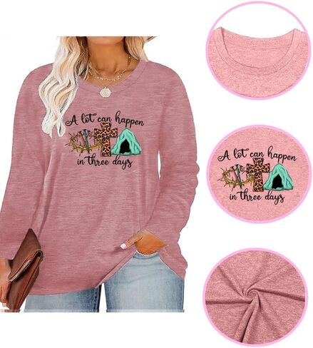 GeLivable Plus Size Happy Easter Funny Cute Bunny Rabbit Graphics Print Shirt Women Long Sleeve Tops in Saudi Arabia
