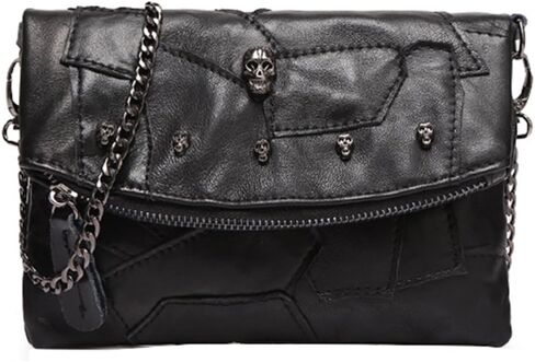 Sibalasi-Women Colorblock جلد الخراف متعدد الألوان حقيبة كروسبودي حقيبة يد سوداء هالوين الجمجمة مرصعة المحفظة in Kuwait