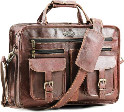 هاندميد وورلد حقيبة ماسنجر جلدية - 16 انش شنطة عمل للمكتب من الجلد البني مع حزام كتف كروس - شنطة كلاسيكية مصنوعة يدويا للابتوب او العمل او السفر او الكلية، بني، 16 انش, بني in Kuwait