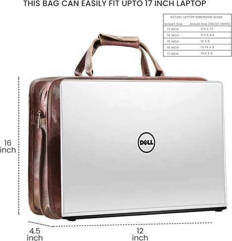 هاندميد وورلد حقيبة ماسنجر جلدية - 16 انش شنطة عمل للمكتب من الجلد البني مع حزام كتف كروس - شنطة كلاسيكية مصنوعة يدويا للابتوب او العمل او السفر او الكلية، بني، 16 انش, بني in Kuwait