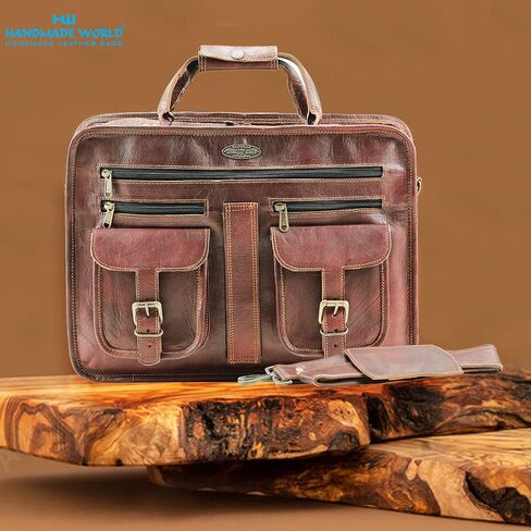 هاندميد وورلد حقيبة ماسنجر جلدية - 16 انش شنطة عمل للمكتب من الجلد البني مع حزام كتف كروس - شنطة كلاسيكية مصنوعة يدويا للابتوب او العمل او السفر او الكلية، بني، 16 انش, بني in Kuwait