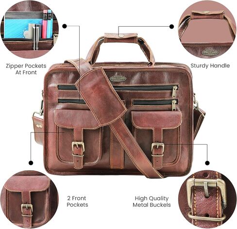 هاندميد وورلد حقيبة ماسنجر جلدية - 16 انش شنطة عمل للمكتب من الجلد البني مع حزام كتف كروس - شنطة كلاسيكية مصنوعة يدويا للابتوب او العمل او السفر او الكلية، بني، 16 انش, بني in Kuwait