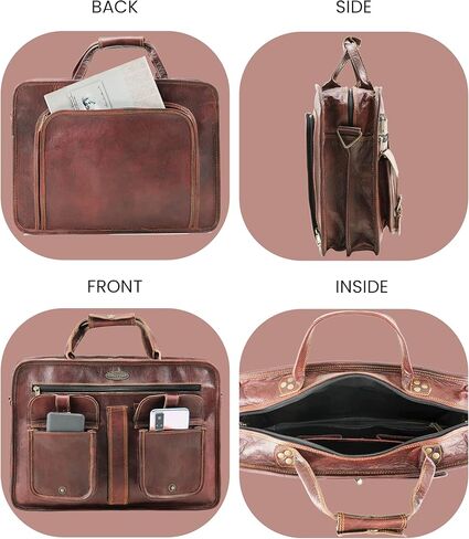 هاندميد وورلد حقيبة ماسنجر جلدية - 16 انش شنطة عمل للمكتب من الجلد البني مع حزام كتف كروس - شنطة كلاسيكية مصنوعة يدويا للابتوب او العمل او السفر او الكلية، بني، 16 انش, بني in Kuwait