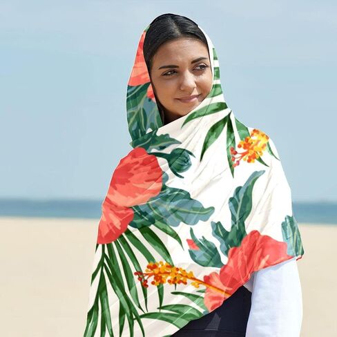 وشاح حريري للنساء بتصميم انفينيتي خفيف الوزن، شال عصري واقي من الشمس للربيع والصيف والخريف والشتاء، بلوميريا هاواي الاستوائية وزهور الكركديه in Kuwait