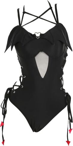 MEOWCOS Women's One Piece Swimsuits Gothic Swimsuit Devil Wings Tummy Control Bathing Suit One-Piece Swimwear in Saudi Arabia