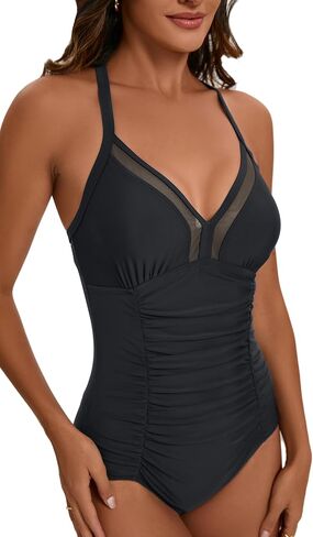 One Piece Swimsuits with Ruched Bathing Suits Tummy Control Beach Swimwear for Women, with Mesh Insert at V Neck in Saudi Arabia