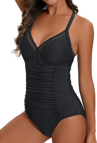 One Piece Swimsuits with Ruched Bathing Suits Tummy Control Beach Swimwear for Women, with Mesh Insert at V Neck in Saudi Arabia