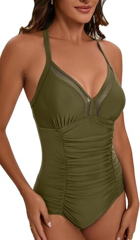 One Piece Swimsuits with Ruched Bathing Suits Tummy Control Beach Swimwear for Women, with Mesh Insert at V Neck in Kuwait