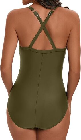 One Piece Swimsuits with Ruched Bathing Suits Tummy Control Beach Swimwear for Women, with Mesh Insert at V Neck in Kuwait