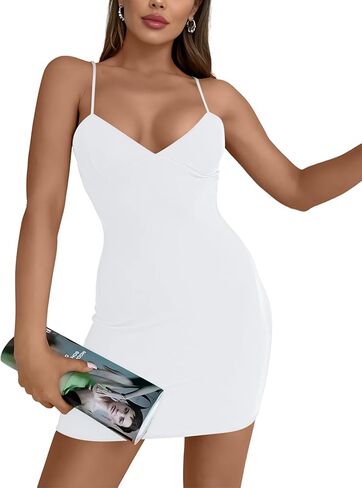 AISEW Womens Sexy V Neck Spaghetti Strap Bodycon Mini Dress Party Slip Short Dresses Beach Sundress with Built-in Bra in Saudi Arabia