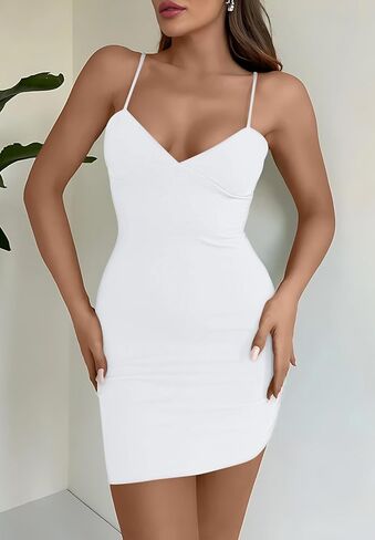 AISEW Womens Sexy V Neck Spaghetti Strap Bodycon Mini Dress Party Slip Short Dresses Beach Sundress with Built-in Bra in Saudi Arabia