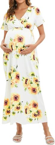 فستان ZIUMUDY برقبة على شكل حرف V وأكمام قصيرة ملفوفة للحمل، فستان كاجوال طويل لحفلات استقبال المولود الجديد in Kuwait