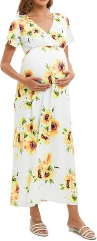 فستان ZIUMUDY برقبة على شكل حرف V وأكمام قصيرة ملفوفة للحمل، فستان كاجوال طويل لحفلات استقبال المولود الجديد in Kuwait