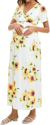 فستان ZIUMUDY برقبة على شكل حرف V وأكمام قصيرة ملفوفة للحمل، فستان كاجوال طويل لحفلات استقبال المولود الجديد in Kuwait