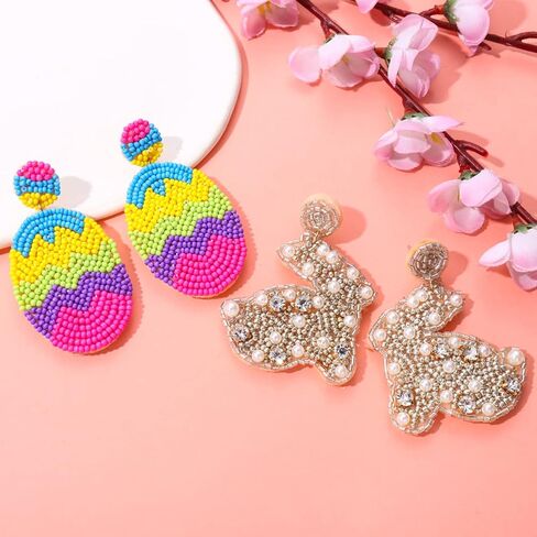 Easter Earrings for Women Beaded Bunny Egg Happy Easter Dangle Earrings Cute Rabbit Spring Earrings Holiday Jewelry Gifts in Saudi Arabia