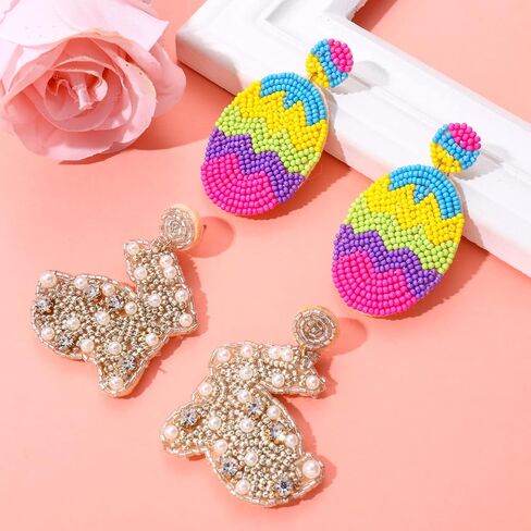 Easter Earrings for Women Beaded Bunny Egg Happy Easter Dangle Earrings Cute Rabbit Spring Earrings Holiday Jewelry Gifts in Saudi Arabia