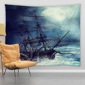 jingjiji Octopus Tapestry Fantasy Ocean scenery Nautical pirate ship Wave Sailing moon Wall Hanging Tapestries Decor Bedroom Living Room Dorm Polyester Fabric 90W x 71L Inch Blue
