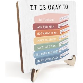Decorative Desk Decor Motivational Okay Affirmations Positive Plaque with Wooden Stand Inspirational Wood Sign for Nursery Playroom Homeschool Classroom Reading Corner Table Shelf Book Lover Gifts