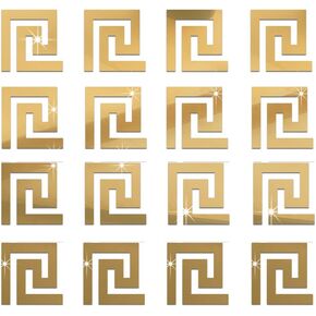 funlife 40PCS Greek Key Pattern Hollow Self Adhesive Wall Mirror Stickers, Non Glass Small Acrylic Mirror for Home Cabinet Wall Decor, 3.94" X 3.94" Gold
