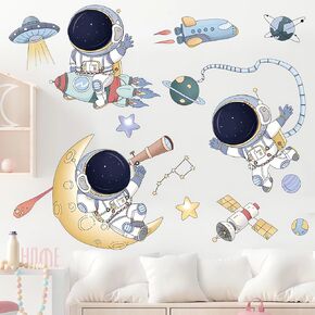 Cute Cartoon Space Astronaut Wall Stickers, sacinora Cosmic Flying Saucers Wall Decals Removable Vinyl Peel and Stick for Boy Kids Nursery Living Room Bedroom Children's Room Playroom Art Decorations