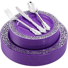 U-QE 150PCS Purple Silver Plastic Plates with Silver Silverware for 30 Guests Include 30 Dinner Plates 10.25", 30 Salad Plates 7.5", 30 Forks, 30 Knives, 30 Spoons