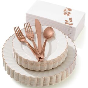 By Madee: HEAVYWEIGHT 175 Pcs | Ivory Scalloped Plastic Plates with Rose Gold Trim | Fancy Disposable Dinnerware Set | Elegant Disposable Dinnerware | Rose Gold Party Plates and Napkins (25 Guests)