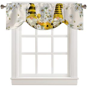 Tie Up Valances for Kitchen Windows Summer Gnome Bee Daisy Honey Retro Black Plaid Adjustable Tie-up Curtain Valance, Rod Pocket Drape Valance for Farmhouse Living Room, 42x12in