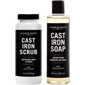 Caron Doucet - Cast Iron Cleaning Bundle - Cast Iron Soap & Cast Iron Scrub - 100% Plant Based Formulation - Removes Rust, Food Debris and Baked on Food While Seasoning The Cast Iron.