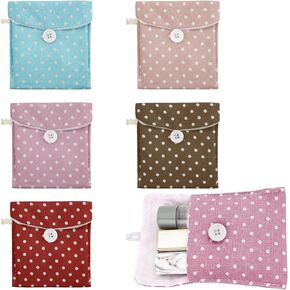 5 عبوات من المناديل الصحية المنقطة، حقيبة محمولة للسفر، وسادة صحية لطيفة، نمط منقط صغير، حقيبة تخزين قطنية صغيرة، منظم مستحضرات التجميل للنساء والفتيات (5 ألوان) in Kuwait