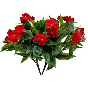 2 PCS Artificial Impatiens Flowers Silk Flowers Greenery Faux Impatiens Bushes Outdoors Indoor Patio Lawn Garden Pot Hanging Basket Porch Decor (Red)