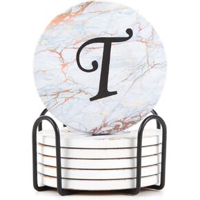 Monogrammed Coasters for Drinks Absorbents with Holder, Set of 6 Ceramic Marble Style Drink Coaster with Cork Base,Personalized Coasters Customizable with Name, Housewarming Gifts