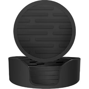Coasters for Drinks set of 6,Silicone Coasters for Coffee Table with Holder,Thickened,Easy to Clean,Non-Slip for Wooden Table,Bar,Fits Any Size of cup (black)