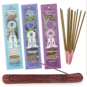 هدايا برابوجي أعواد البخور الروحية الملفوفة يدويًا - شقرا الحلق شاكرا العين الثالثة شاكرا التاج - أعواد عطرية - بخور للاسترخاء والتأمل - 3 عبوات من 10 أعواد مع موقد خشبي in Kuwait