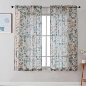 OWENIE Floral Sheer Curtains with Pattern 63 Inches Long 2 Panels Set for Living Room Bedroom, Sheer Floral Curtains with Printing Leaf Design Rod Pocket Light Filtering Farmhouse Curtains 42W 63L