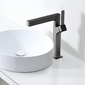 Matte Black Modern Design Tall Waterfall Bathroom Vessel Sink Faucet, Solid Brass Build, Single Handle Single Hole Bathroom Vanity Tap, with High Pressure Hoses for Hot and Cold Water