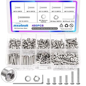 mxuteuk M3 M4 M5 M6 Metric Screw Assortment Kit, 540Pcs 8mm-20mm 304 Stainless Steel Hex Socket Head Cap Screws Bolts Nuts Assortment Kit with Hex Wrench G036