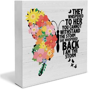 Inspirational Women Quote I am the Storm Wooden Box Sign Floral Butterfly Desk Decorative Wooden Sign Home Office Decor for Desk Table Shelf 5 x 5 Inches